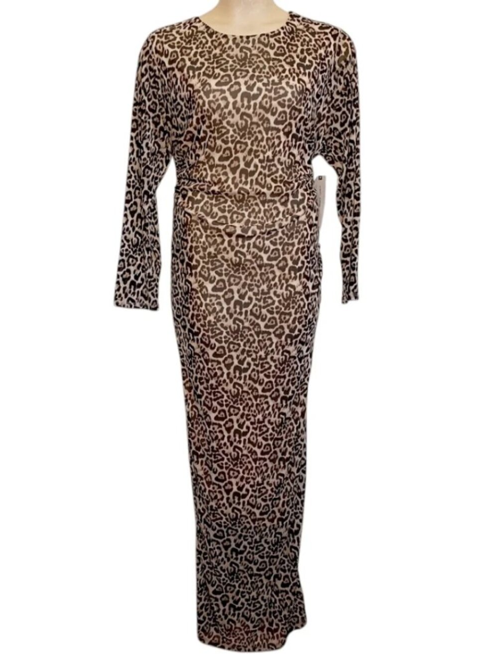 ALMOST FAMOUS Leopard Print Brown Tan Maxi Dress Long Sleeve Stretchy 1X NWT
